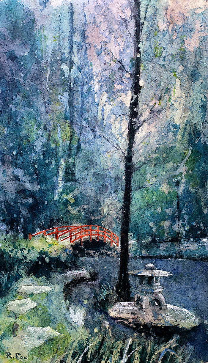 Fine art watercolor painting of red bridge at Sarah P. Duke Gardens at Duke University – Durham, NC, ideal for university artwork, Duke alumni presents, or a gift for her.