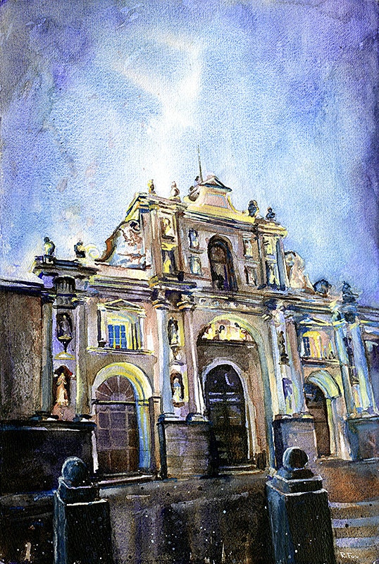 Catedral barroca en la ciudad de Antigua, Guatemala impresión de acuarela, pintura de la iglesia Antigua Guatemala, acuarela impresa giclee (impresión)
