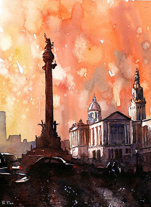 Watercolor painting of Columbus Monument  in La Ramblas- Barcelona, Spain.  Watercolor Barcelona Spain painting Barcelona art print giclee