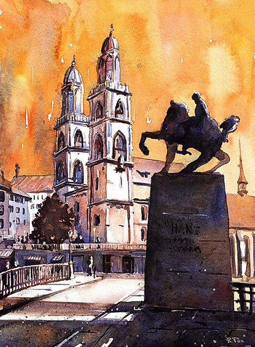 Iglesia de Zurich-Suiza al atardecer. Pintura original de acuarela de Zúrich. Suiza arte iglesia Zurich bellas artes pintura arte puesta de sol arte