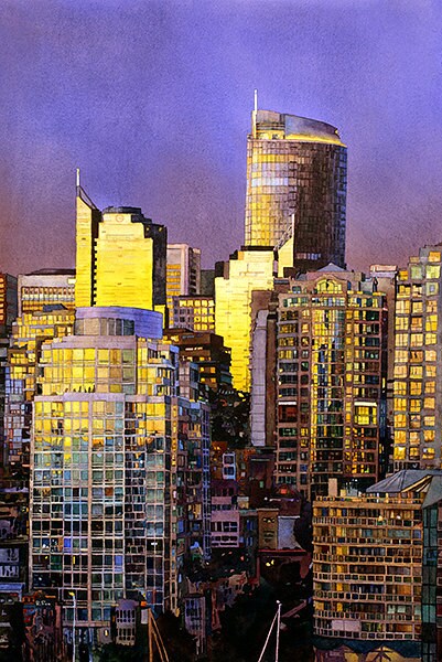 Vancouver skyline at sunset. Vancouver watercolor wall art colorful print fine art print Vancouver skyline art print painting giclee Canada