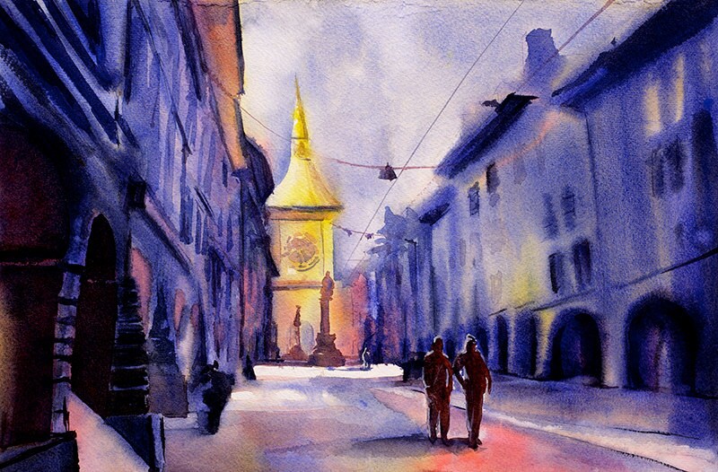 Pintura de la Torre del Reloj al amanecer en la ciudad de Berna-Suiza, Berna pintando arte paisajístico en acuarela, pintura de bellas artes Berna Suiza (impresión)