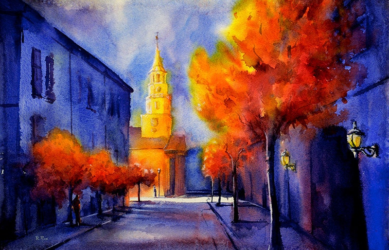 Horizonte de Charleston: iglesia histórica en la ciudad colonial de Charleston, Carolina del Sur. Charleston acuarela pintura paisaje bellas artes (impresión)