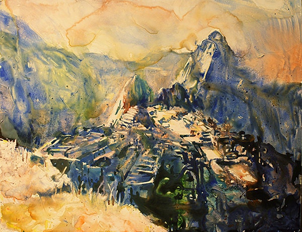 Fine art watercolor painting of Machu Picchu’s ruins and surrounding peaks, offering a serene visual perfect for a home office or living room centerpiece.