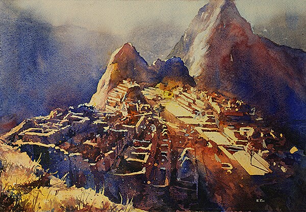 This Sacred Valley Peru watercolor painting highlights the breathtaking view from the Hut of the Caretaker at Machu Picchu—perfect for travel lovers and cultural home decor.