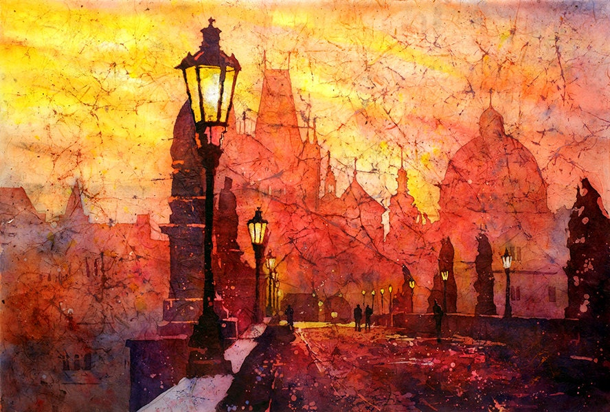 Pintura batik del amanecer sobre el Puente de Carlos, la ciudad medieval de Praga, República Checa. Pintura de Praga. Paisaje de acuarela (impresión)