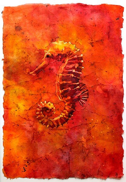 Seahorse swimming in ocean- fine art watercolor batik painting. Seahorse watercolor batik ocean animal fish painting fine art painting ocean