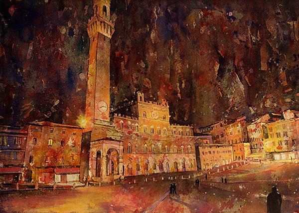 Pintura de bellas artes de Siena Italia - Piazza del Campo. Arte Siena pintura acuarela Siena Italia arte Venecia pintura de acuarela (impresión)