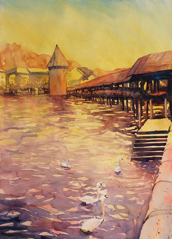Lucerna, Suiza al atardecer pintura de acuarela de bellas artes. Pintura de paisaje Lucerna impresión amarilla cisnes pintura Lucerna arte puente cisne (impresión)