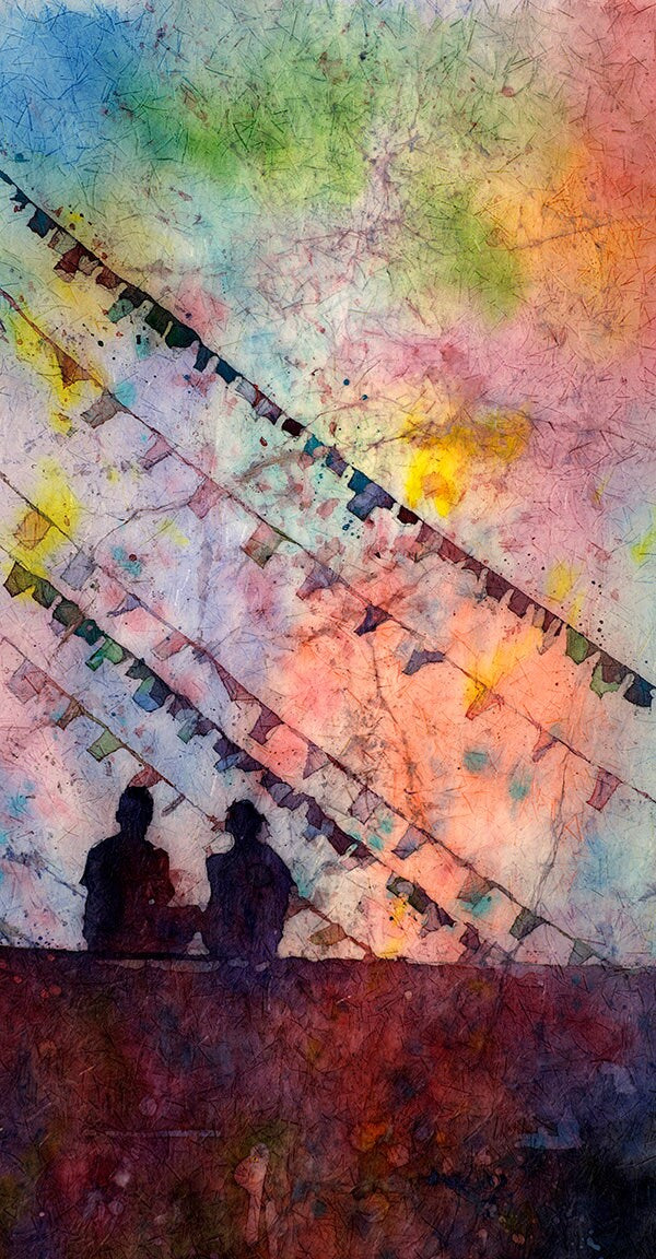 Batik painting of people in front of Buddhist prayer flags at Stupa of Boudhanath in Kathmandu Valley- Nepal, Watercolor art (print)