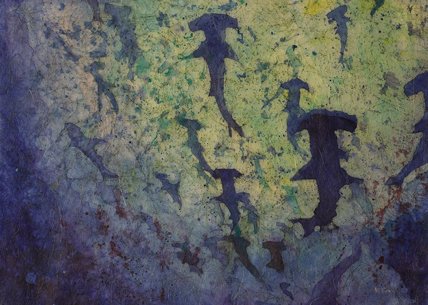 Hammerhead sharks swimming in ocean- fine art watercolor batik painting. Shark painting batik home decor sharks, fine art (print)