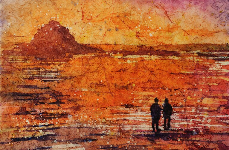 Sunset landscape painting on West Coast. Watercolor art seascape watercolor batik landscape wall art orange painting, batik fine art print
