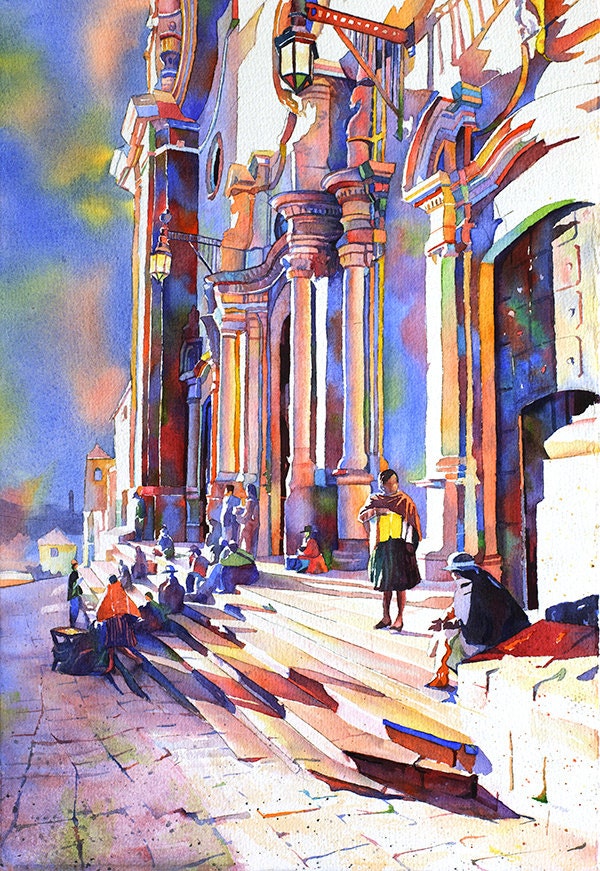 Catedral en Bolivia en la ciudad de Potosí-Sudamérica, Impresión de bellas artes de pintura en acuarela, Iglesia en acuarela Potosí Bolivia (impresión)