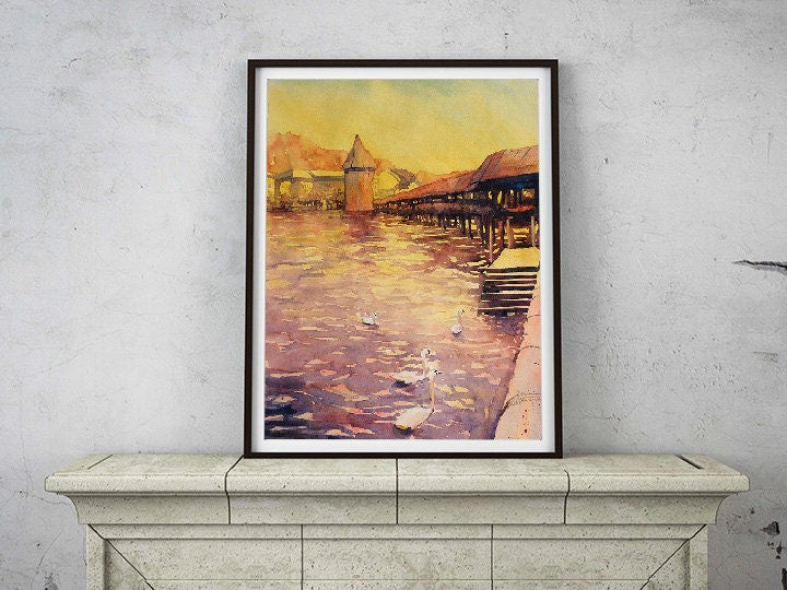 Lucerna, Suiza al atardecer pintura de acuarela de bellas artes. Pintura de paisaje Lucerna impresión amarilla cisnes pintura Lucerna arte puente cisne (impresión)