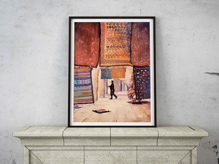 Tunisian man dusting off Persian rugs at shop in Saharan oasis town of Tozeur- Tunisia. Art Tunisia watercolor painting carpet wall print