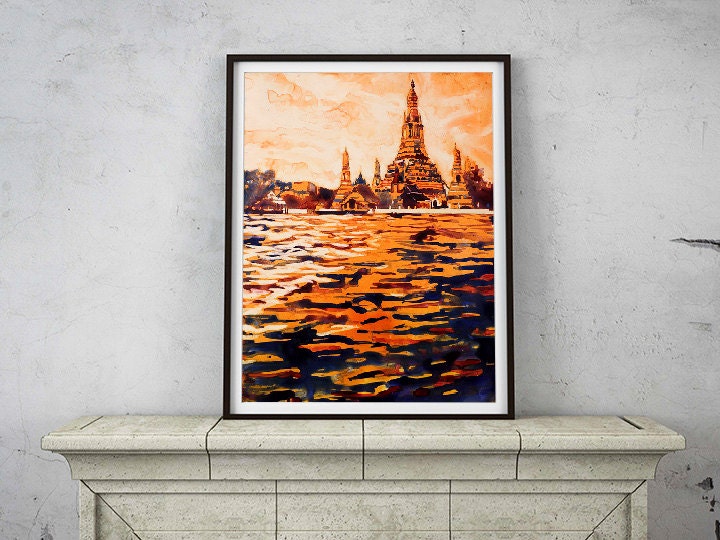 Wat Arun along the Chao Praya river in Thai city of Bangkok- Thailand.  Thailand art print.  Watercolor painting Bangkok.  Watercolor (print)