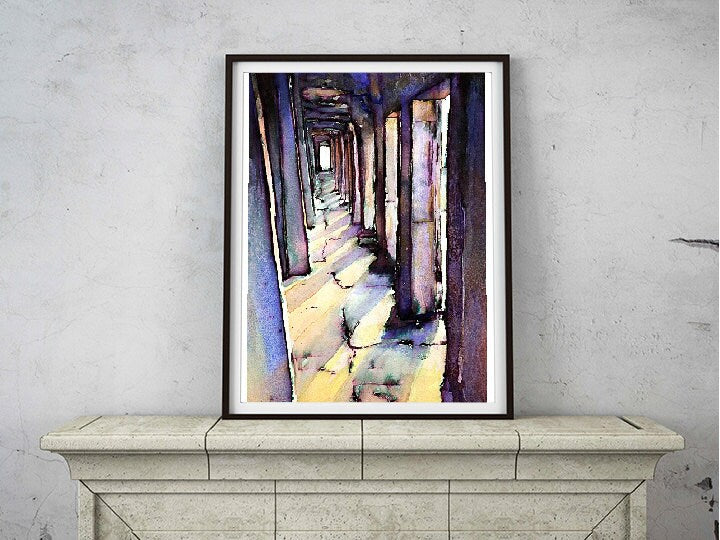 Watercolor landscape of the Khmer temple ruins of Angkor Wat silhouetted at sunset against a fiery sky—great for art collectors and interior stylists.