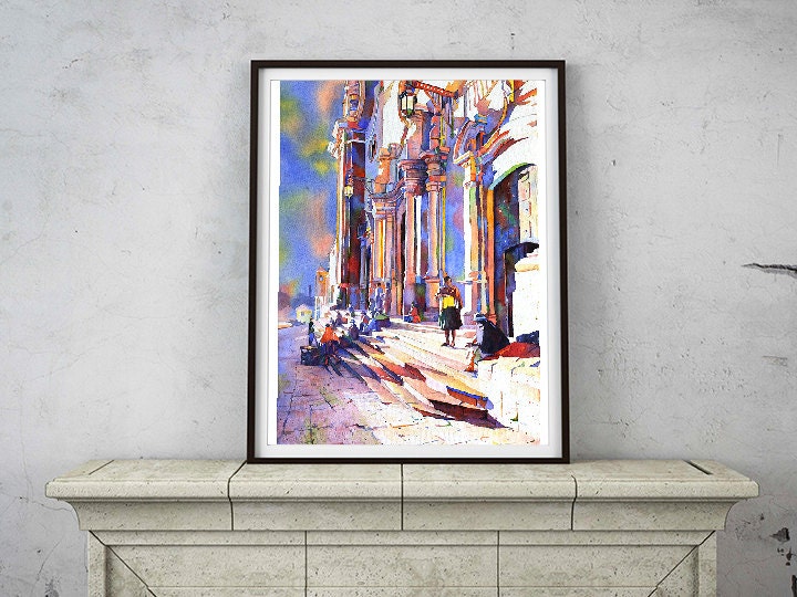 Catedral en Bolivia en la ciudad de Potosí-Sudamérica, Impresión de bellas artes de pintura en acuarela, Iglesia en acuarela Potosí Bolivia (impresión)