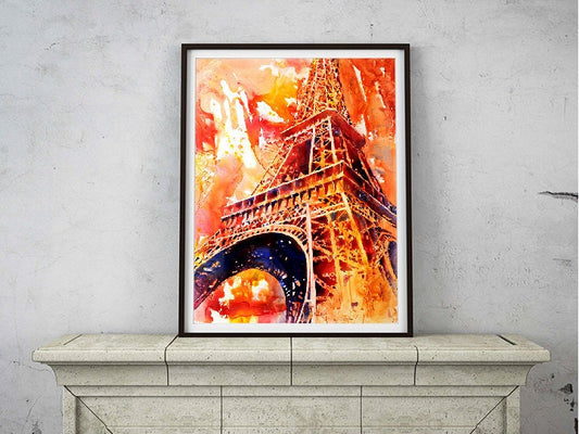 Watercolor painting of the iron lattice of the Eiffel Tower in Paris, France on YUPO synthetic paper by Raleigh, NC artist Ryan Fox