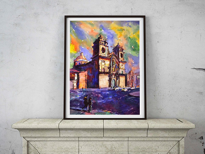 A vibrant watercolor scene of Cusco’s Plaza de Armas featuring its famous church—perfect for home or office decor and a meaningful gift for travel enthusiasts.