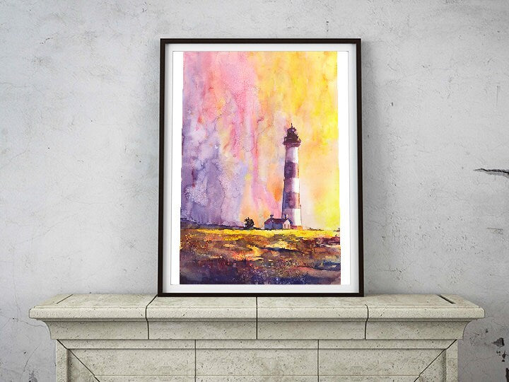 Faro de Bodie Island al atardecer en la costa de Carolina del Norte: pintura de acuarela de bellas artes. Impresión de arte giclee, pintura de acuarela arte del faro (impresión)