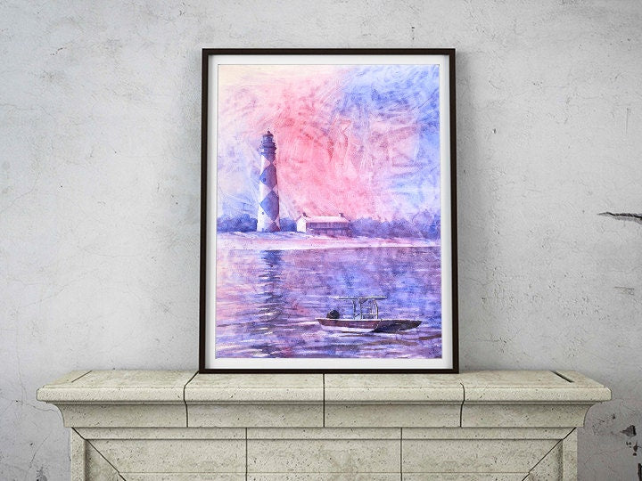 Pintura de acuarela del faro de Cape Lookout en los bancos exteriores (OBX) de Carolina del Norte. Arte del faro. Acuarela del faro (impresión)