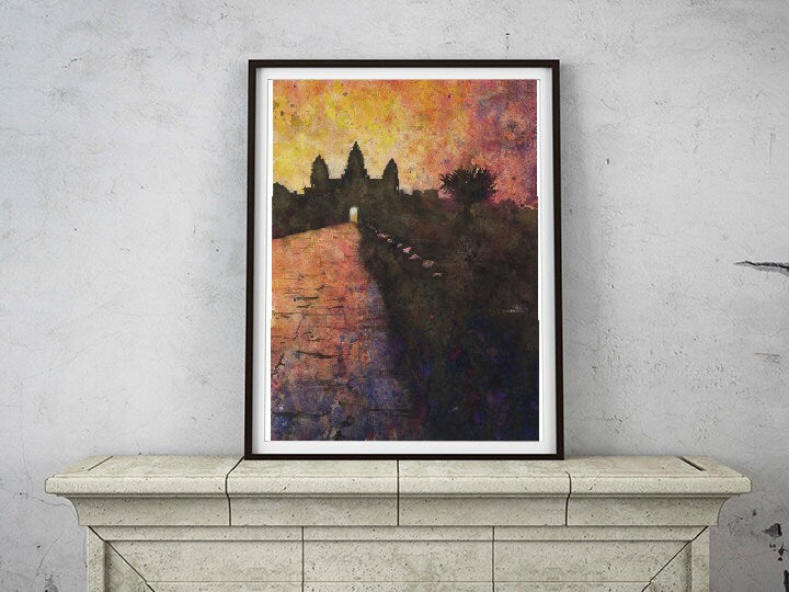 Vivid Angkor Wat watercolor painting with dark temple silhouettes and brilliant sunset glow—perfect for art collectors and unique travel essentials.