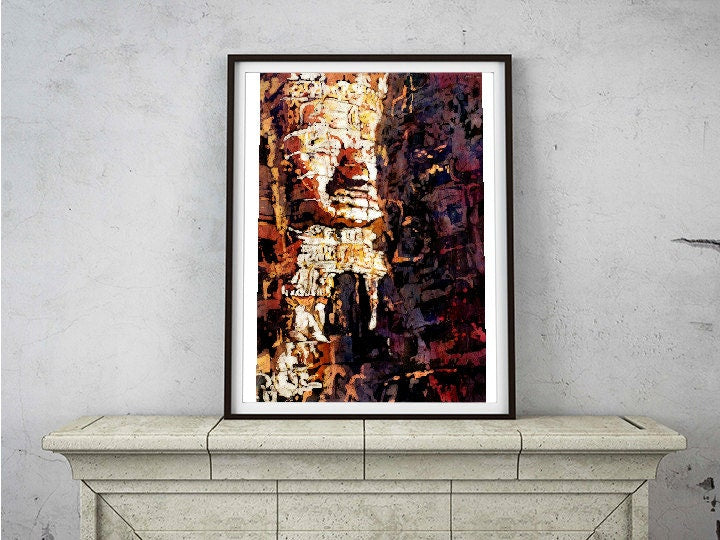 Colorful watercolor showing Bayon Temple ruins with tropical trees and a radiant sky at sunset—perfect for global travelers and art collectors.