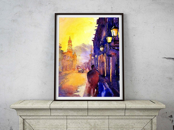 Watercolor painting of a Morelia church bathed in morning light, with old-world charm and colorful facades—ideal fine art for entryways or living rooms.