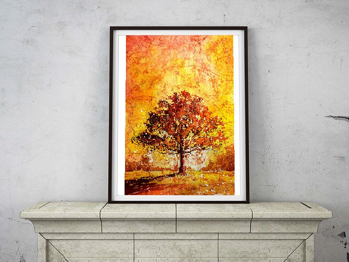 Tree silhouetted in North Carolina at fiery sunset. Watercolor painting landscape tree fine art batik painting tree outside yellow art (print)