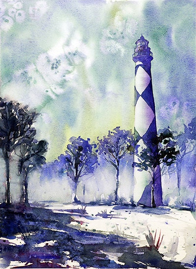 Faro de Cape Lookout en Outer Banks, Carolina del Norte: acuarela del faro. Faro de acuarela de playa (impresión)