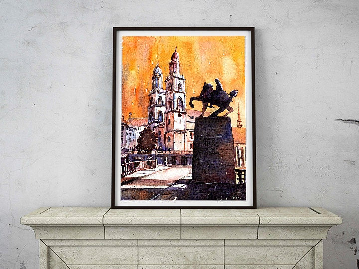 Iglesia de Zurich-Suiza al atardecer. Pintura original de acuarela de Zúrich. Suiza arte iglesia Zurich bellas artes pintura arte puesta de sol arte