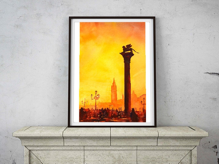 Venice decor watercolor print showcasing the historic Lion of San Marco under pastel sunrise hues.
