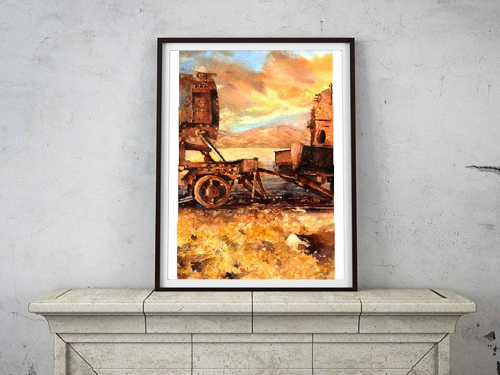 Trenes en el Cementerio del Salar de Uyuni- Bolivia. Tren de arte acuarela paisaje Bolivia pintura impresión de bellas artes. Arte del tren. pintura de trenes