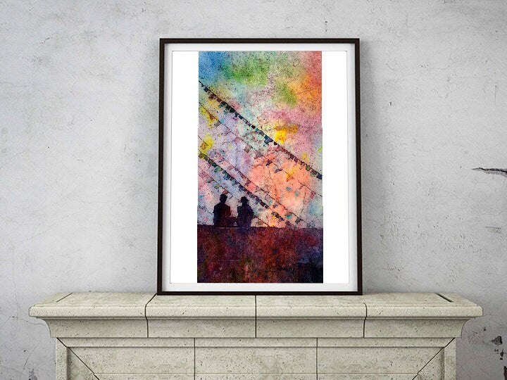 Batik painting of people in front of Buddhist prayer flags at Stupa of Boudhanath in Kathmandu Valley- Nepal, Watercolor art (print)