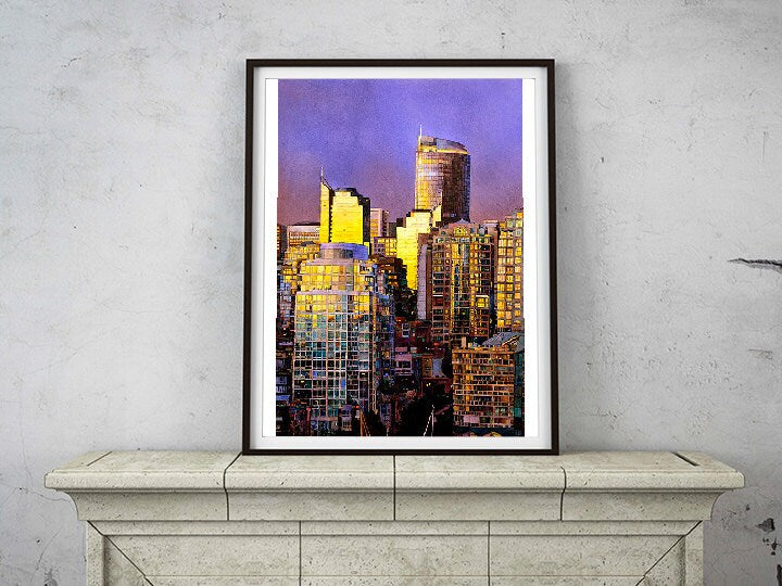 Vancouver skyline at sunset. Vancouver watercolor wall art colorful print fine art print Vancouver skyline art print painting giclee Canada