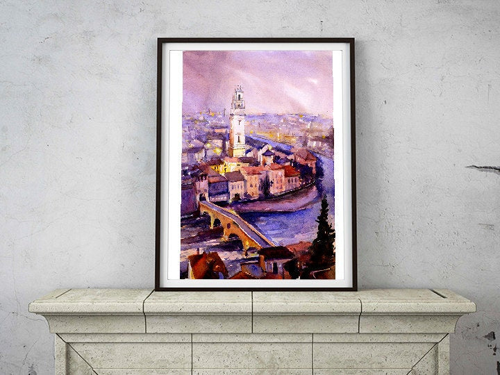 Verona, Italia vista aérea pintura de bellas artes. Pintura acuarela de la torre del Duomo de Verona. Pintura de acuarela Italia (impresión)