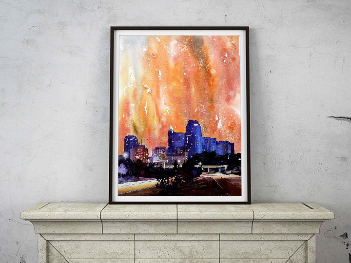 Raleigh, NC downtown skyscrapers silhouetted at sunset- fine art watercolor painting. Raleigh painting, Raleigh skyline watercolor (print)