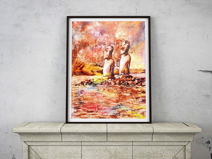 A bold Moai watercolor landscape painting in deep red tones, capturing Easter Island’s UNESCO World Heritage statues in a dramatic fine art print.