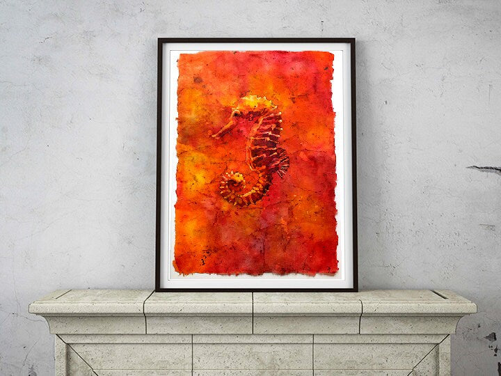 Seahorse swimming in ocean- fine art watercolor batik painting. Seahorse watercolor batik ocean animal fish painting fine art painting ocean