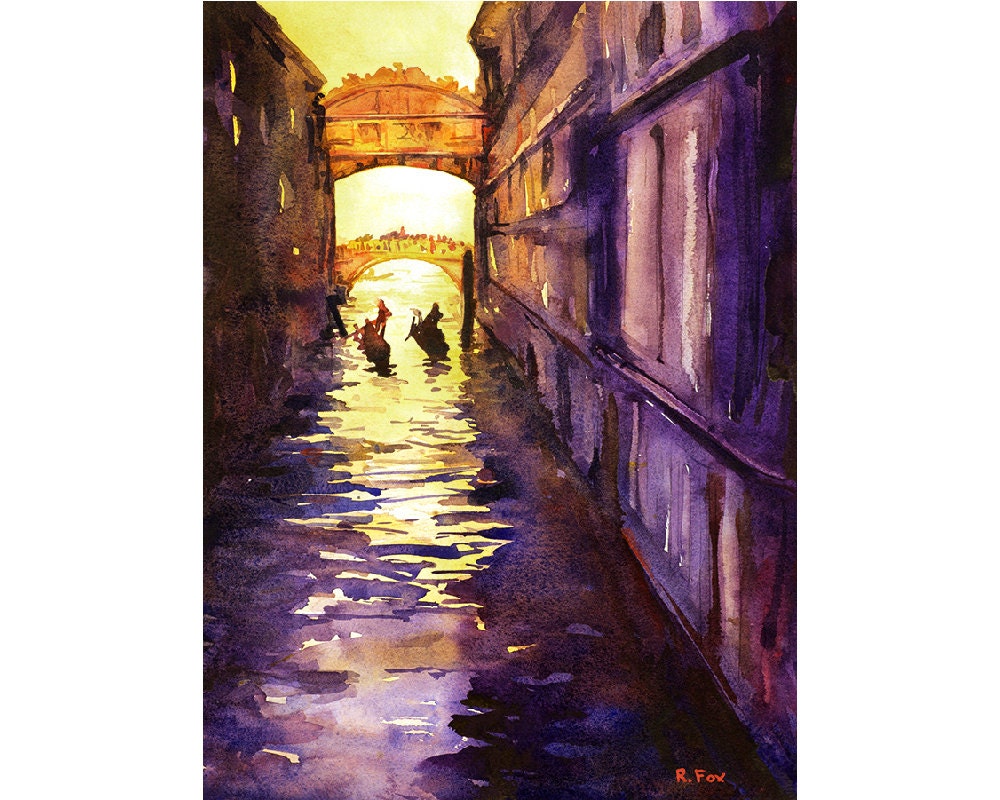 Bridge of Sighs silhouetted at sunset w/ gondolier in Venice, Italy. Bridge of Sighs painting, Venice Italy home decor, fine art (print)
