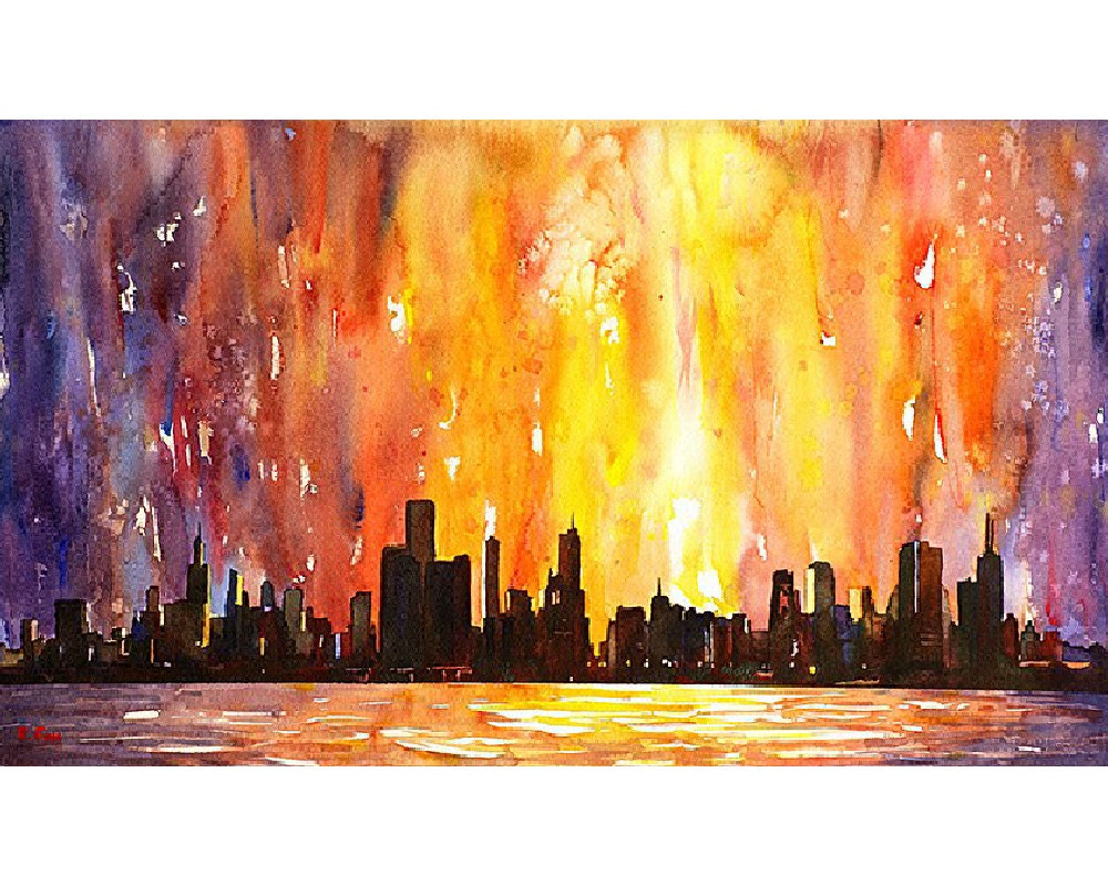 Fine art watercolor painting of downtown Chicago, Illinois (USA) skyline at dawn as viewed from Lake Michigan