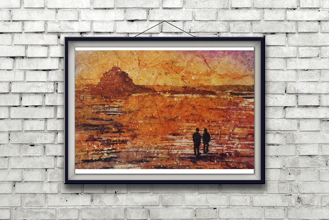 Sunset landscape painting on West Coast. Watercolor art seascape watercolor batik landscape wall art orange painting, batik fine art print