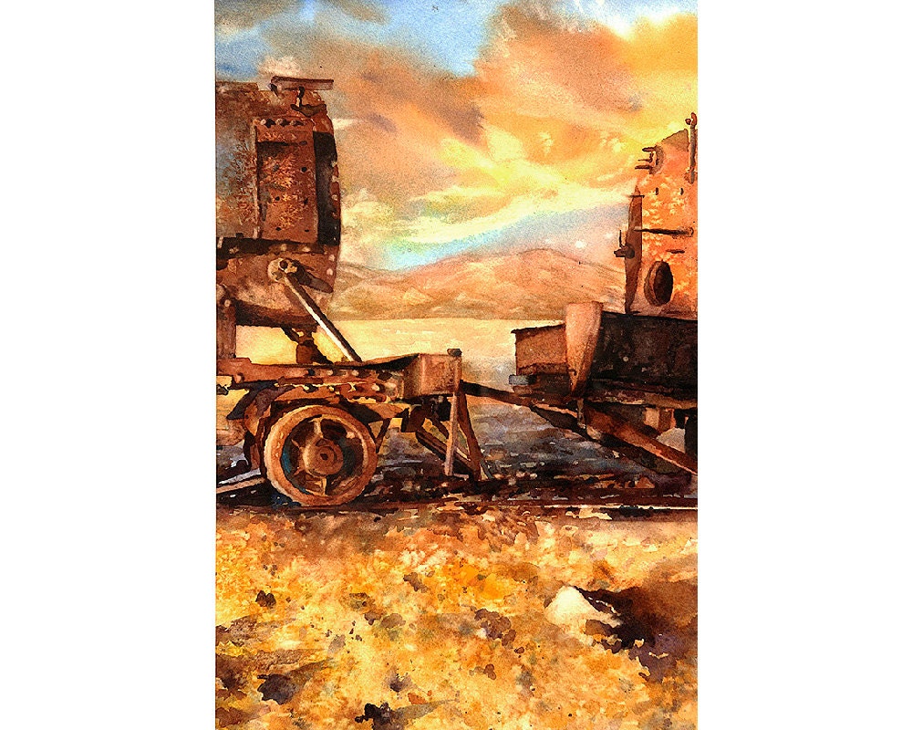 Trenes en el Cementerio del Salar de Uyuni- Bolivia. Tren de arte acuarela paisaje Bolivia pintura impresión de bellas artes. Arte del tren. pintura de trenes