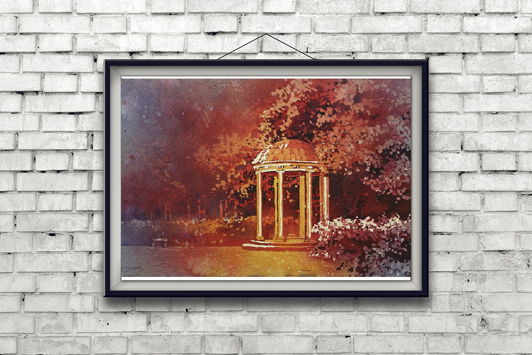 Charming watercolor of the iconic Old Well at UNC-Chapel Hill, surrounded by soft foliage and bright skies, an ideal alumni present or university artwork (print).
