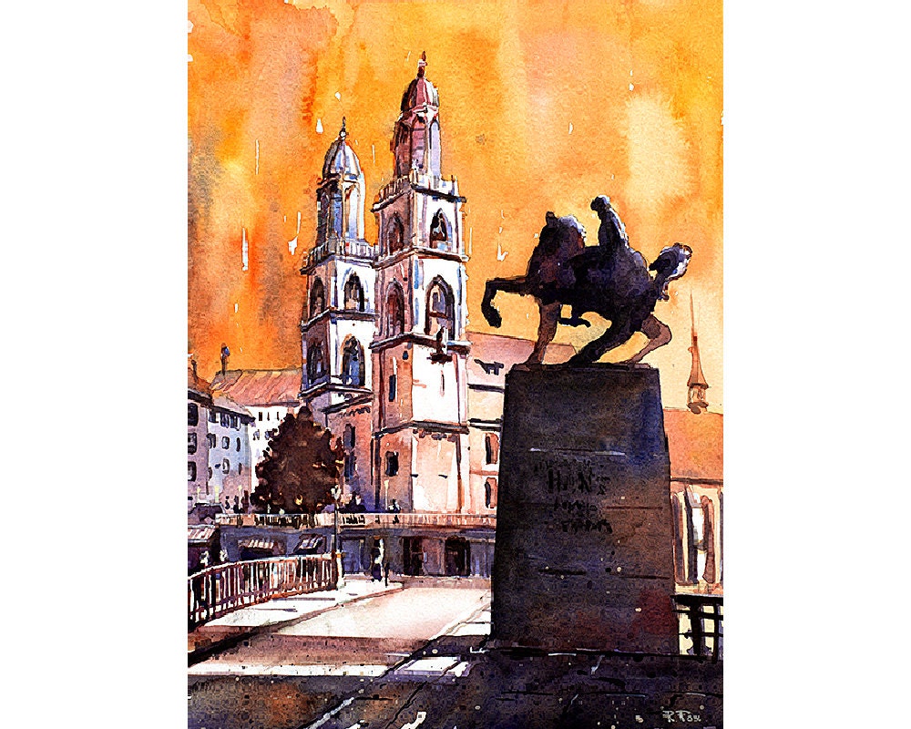 Iglesia de Zurich-Suiza al atardecer. Pintura original de acuarela de Zúrich. Suiza arte iglesia Zurich bellas artes pintura arte puesta de sol arte