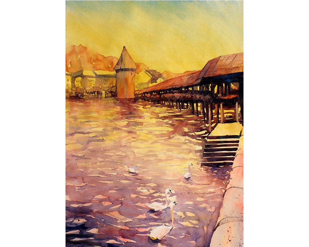 Lucerna, Suiza al atardecer pintura de acuarela de bellas artes. Pintura de paisaje Lucerna impresión amarilla cisnes pintura Lucerna arte puente cisne (impresión)