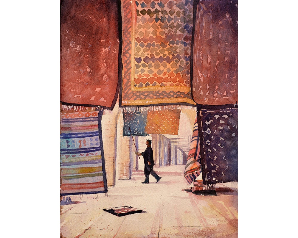 Tunisian man dusting off Persian rugs at shop in Saharan oasis town of Tozeur- Tunisia. Art Tunisia watercolor painting carpet wall print