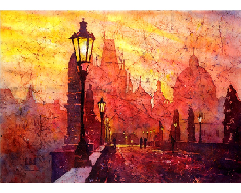 Pintura batik del amanecer sobre el Puente de Carlos, la ciudad medieval de Praga, República Checa. Pintura de Praga. Paisaje de acuarela (impresión)
