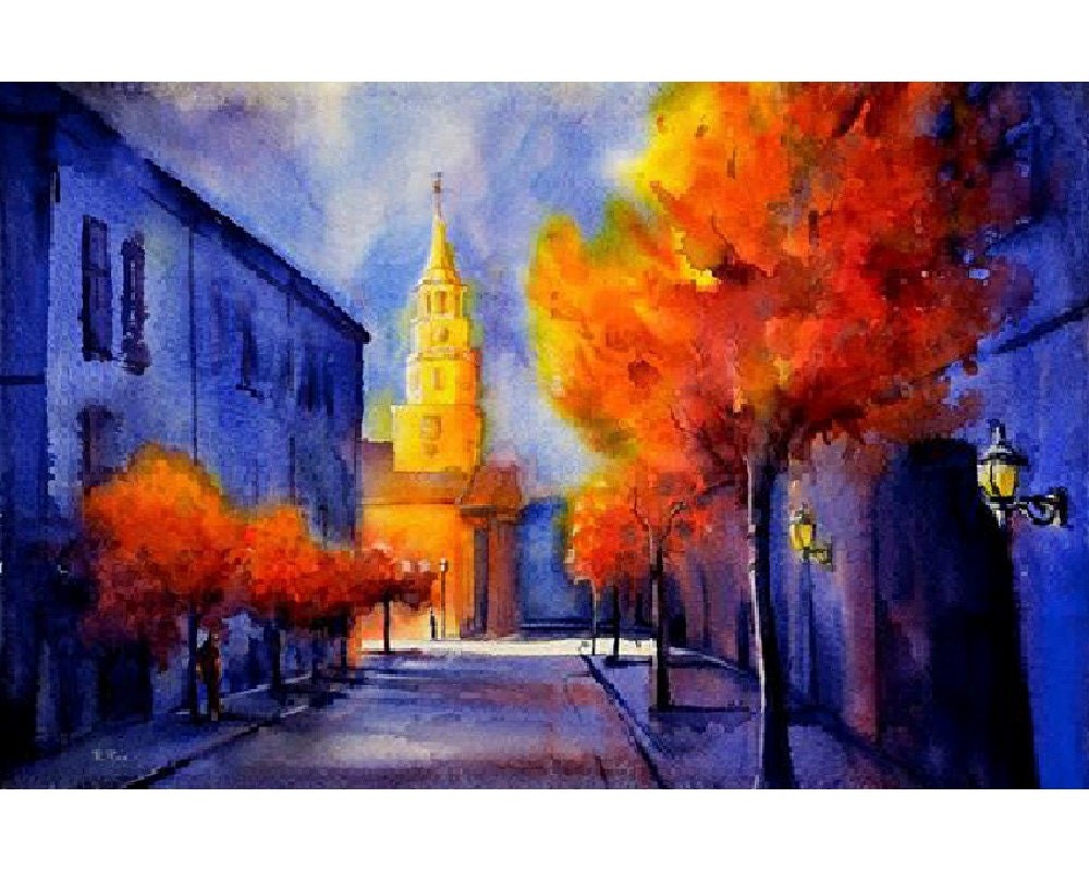 Horizonte de Charleston: iglesia histórica en la ciudad colonial de Charleston, Carolina del Sur. Charleston acuarela pintura paisaje bellas artes (impresión)